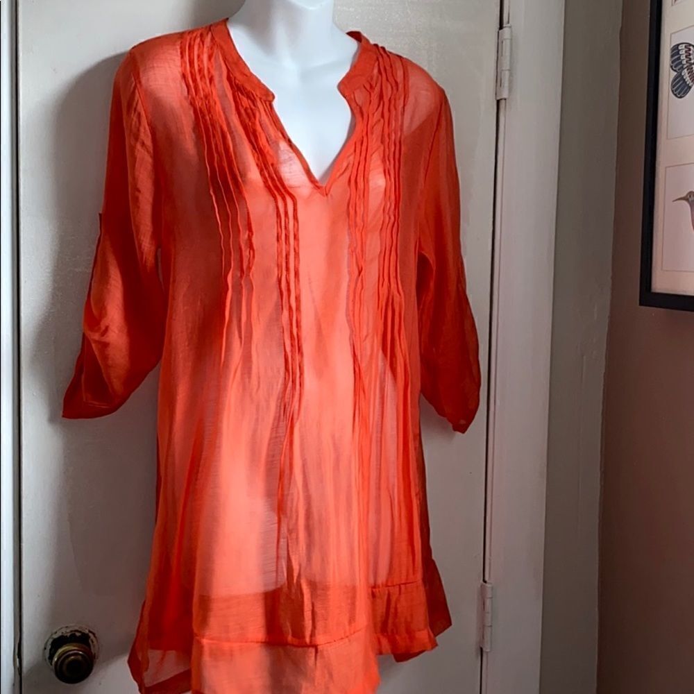 DYLAN Bright Orange 3/4 Sleeve PopOver Tunic Sheer Blouse-S